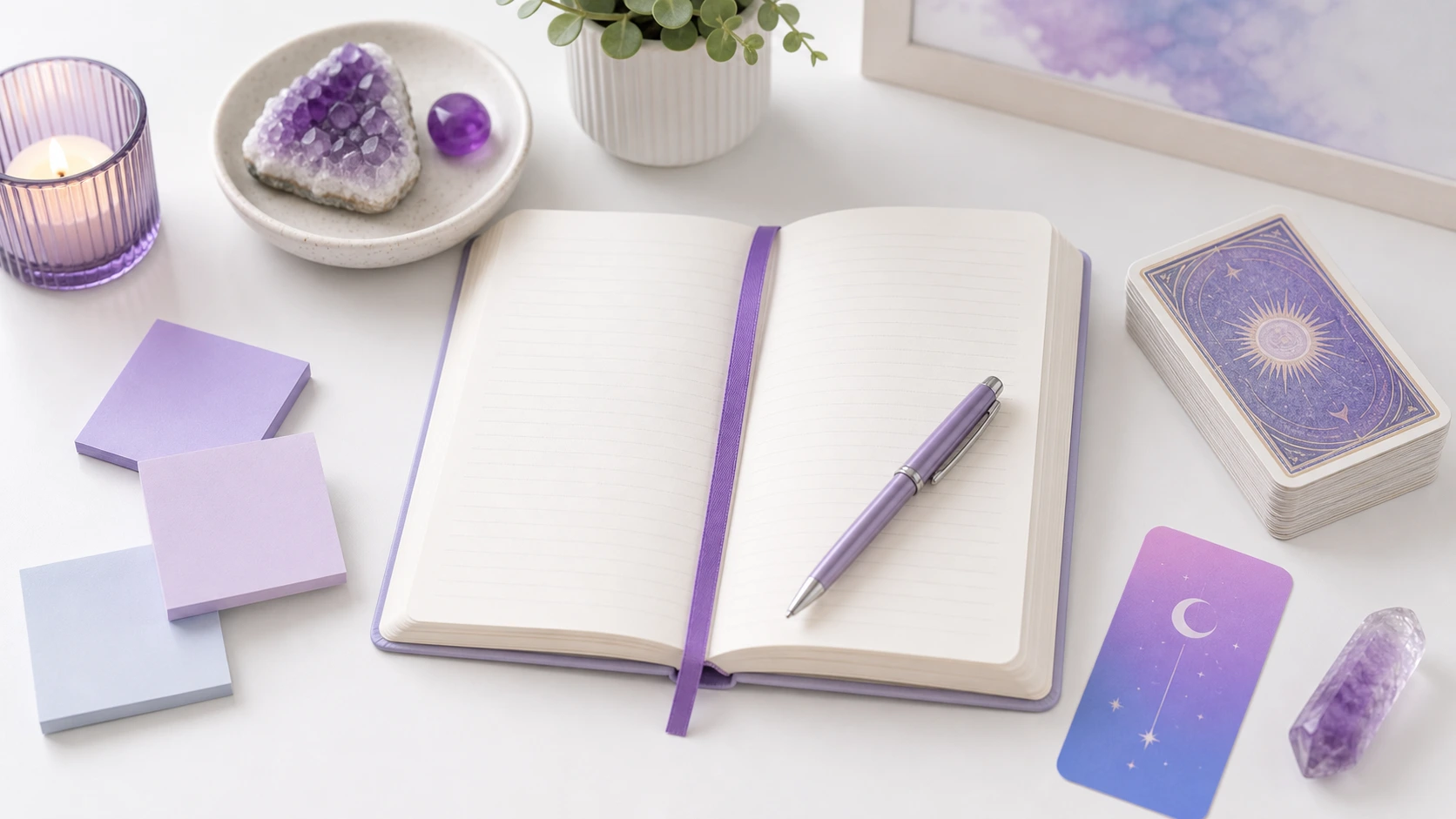 Notebook and tarot cards prepared for questions before a psychic reading