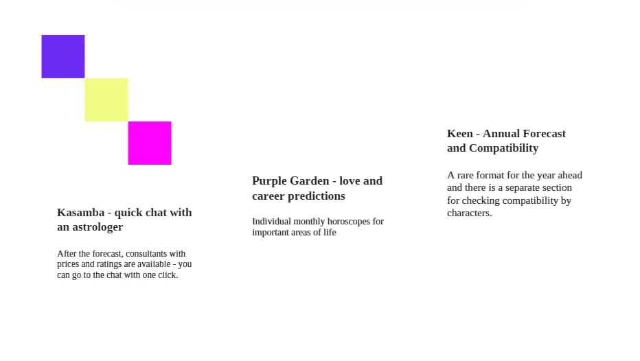 Comparison of key features of horoscope services — Keen, Kasamba, and Purple Garden showing usability and formats